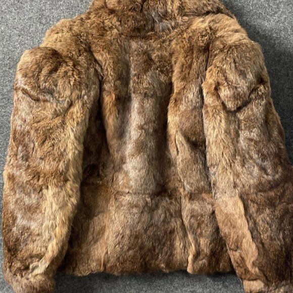 Vintage Real Rabbit Fur Coat Jacket Brown Tan Women M Mobwife Glam Pea Coat - Picture 2 of 6